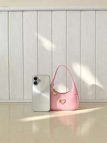 Sweet Girl Heart Metal Decor Mini Handbag, Zipper Closure Solid Color Rabbit Ear Design Versatile Lipstick Coin Purse, Suitable For Daily Use - A - View 4