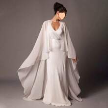 New Solid Color Chiffon Flowy Long Cape Shawl For Bride Bridesmaid Dress Cover Up - Beige - View 2