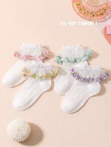 1/4雙春夏款白色蕾絲刺繡襪，適合女孩與幼兒，網眼透氣時尚公主襪，花卉藤蔓裝飾蕾絲，柔軟舒適百搭學院風，適合節日禮物/旅行/日常搭配公主洋裝 - 彩色 - 查看 13