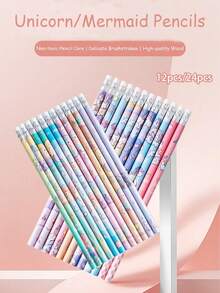 12pcs/24pcs Cute Cartoon Unicorn/Mermaid HB Pencils With Eraser, Student Pencils, Learning Stationery, Reward Gifts - Multicolor - View 2