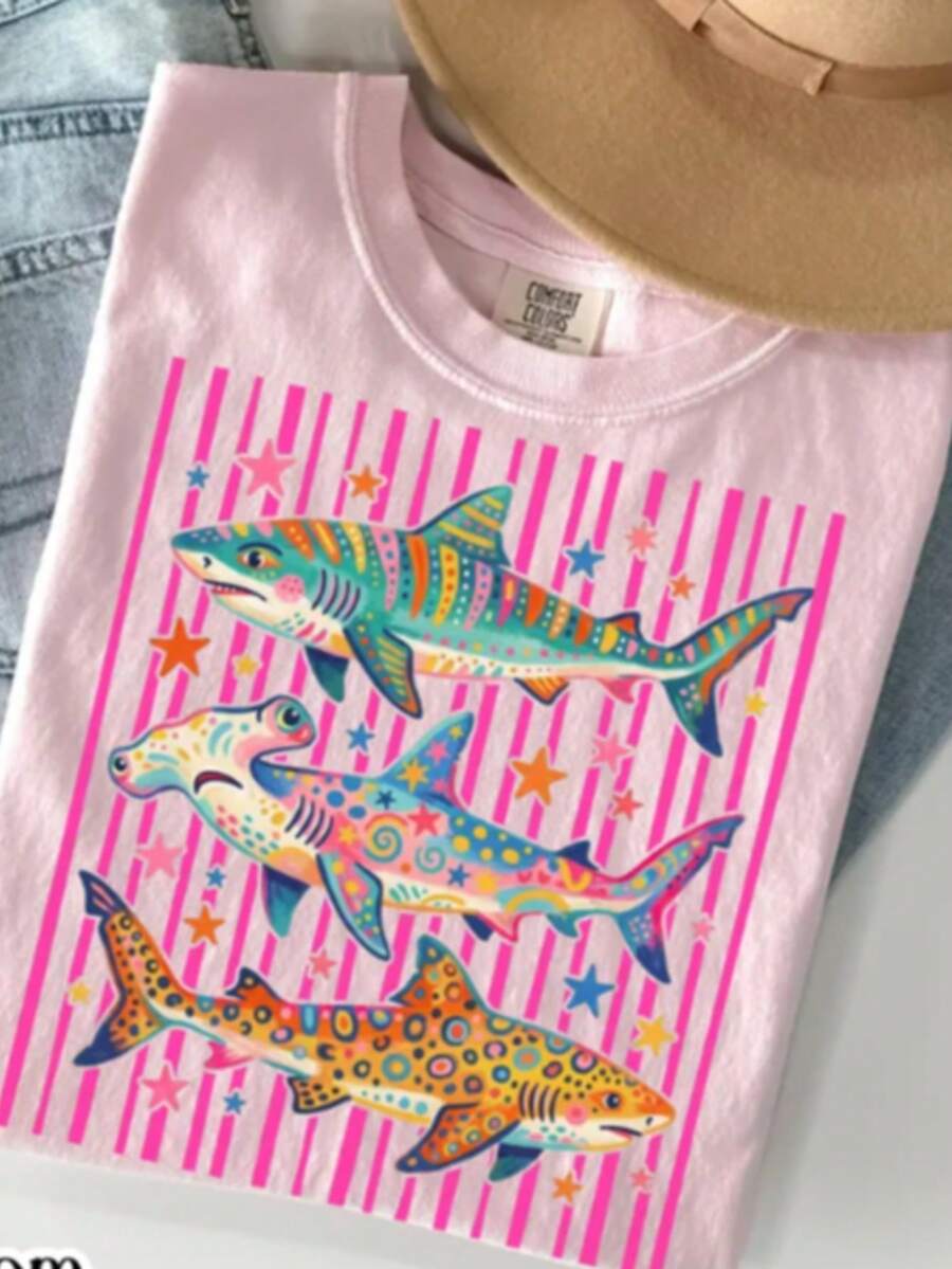 Fish Shirt,Women's Summer Boho Tee - Coastal Beach T-Shirt, Striped Fish Trio Shirt , 2026-Cute Clothes,Beach Vacation Outfits Woman - 淺粉色 - 查看 1