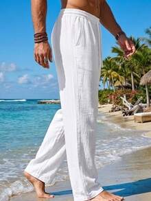 Men's White Linen Long Pants, Solid Color Casual Vacation Style, Men's Summer Gift, Casual Drawstring Design Pants - White - View 6