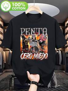 Camiseta de hombre con temática de lucha libre Penta No Miedo - Estampado de Guerrero Ardiente y Luchador Enmascarado, Diseño de la icónica máscara de Penta - Estilo atlético transpirable, P - Negro - Ver 1