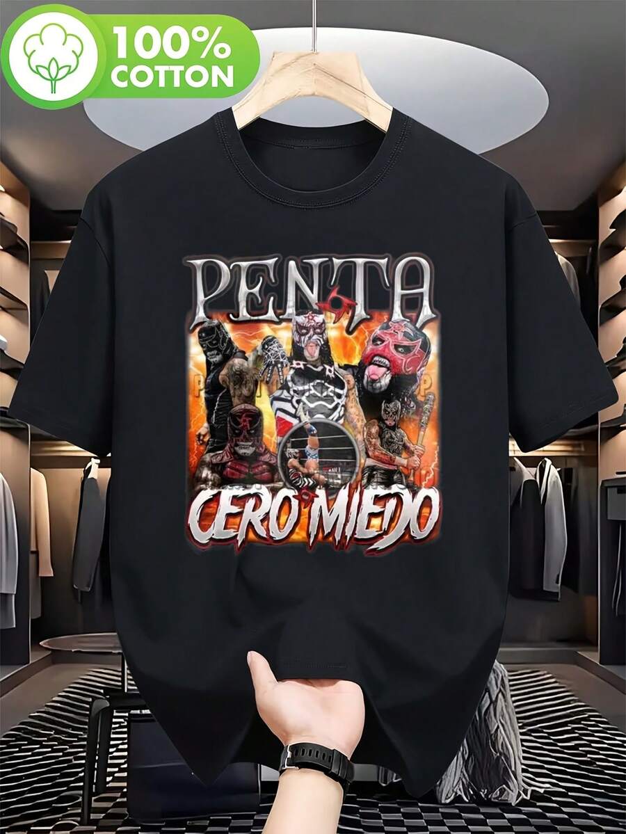 Camiseta de hombre con temática de lucha libre Penta No Miedo - Estampado de Guerrero Ardiente y Luchador Enmascarado, Diseño de la icónica máscara de Penta - Estilo atlético transpirable, P - Negro - Ver 1