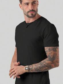 Men's Basic T-Shirt, Plain Cotton, Premium Peruvian Knit - Negro - Ver 6