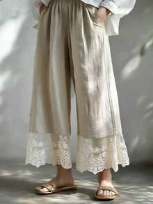 Autumn/Winter Women's Bohemian Style Lace Cropped Wide Leg Pants, Contrast Lace Decoration, Vintage Woven Fabric, With Pockets - Beige - View 1