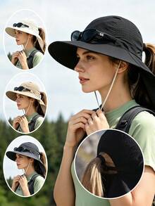 1pc New Ponytail Hole Sun Protection Bucket Hat, Outdoor Hiking Climbing Travel Neck Guard Sun Hat, Breathable Quick-Dry Fashion Glasses Holder - Solid Color Bucket Hat - View 10
