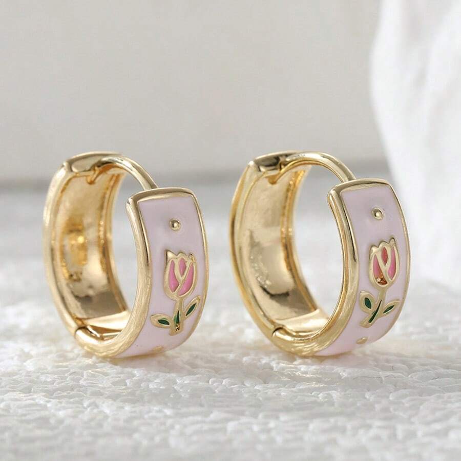 White & Pink Enamel Tulip Flower Tea Cup Earrings For Women, Spring/Summer Jewelry Fashion Accessory