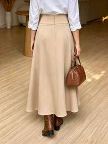 ANCHOSE Women's Autumn Khaki Elegant French Style Mid-Length A-Line Skirt With Double-Row Gold Button Decor, High Waist, Suitable For Office/Daily/Date Occasions - Khaki - View 2
