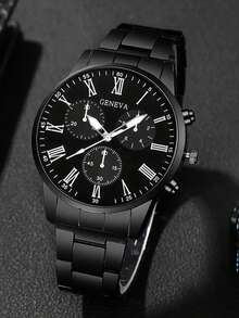 Set Jam Tangan Quartz Fashion Pria 4 Buah - Dial Bulat, Tali Stainless Steel dan Kulit Imitasi, Pilihan Warna Hitam dan Cokelat, Cocok untuk Ulang Tahun, Idul Fitri, Natal - MultiWarna - View 4