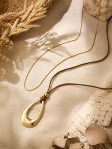2pcs Brown Rope Hollow Water Drop Layered Necklace, Casual Vacation Jewelry, Exquisite Gift Choice - Multicolor - View 2