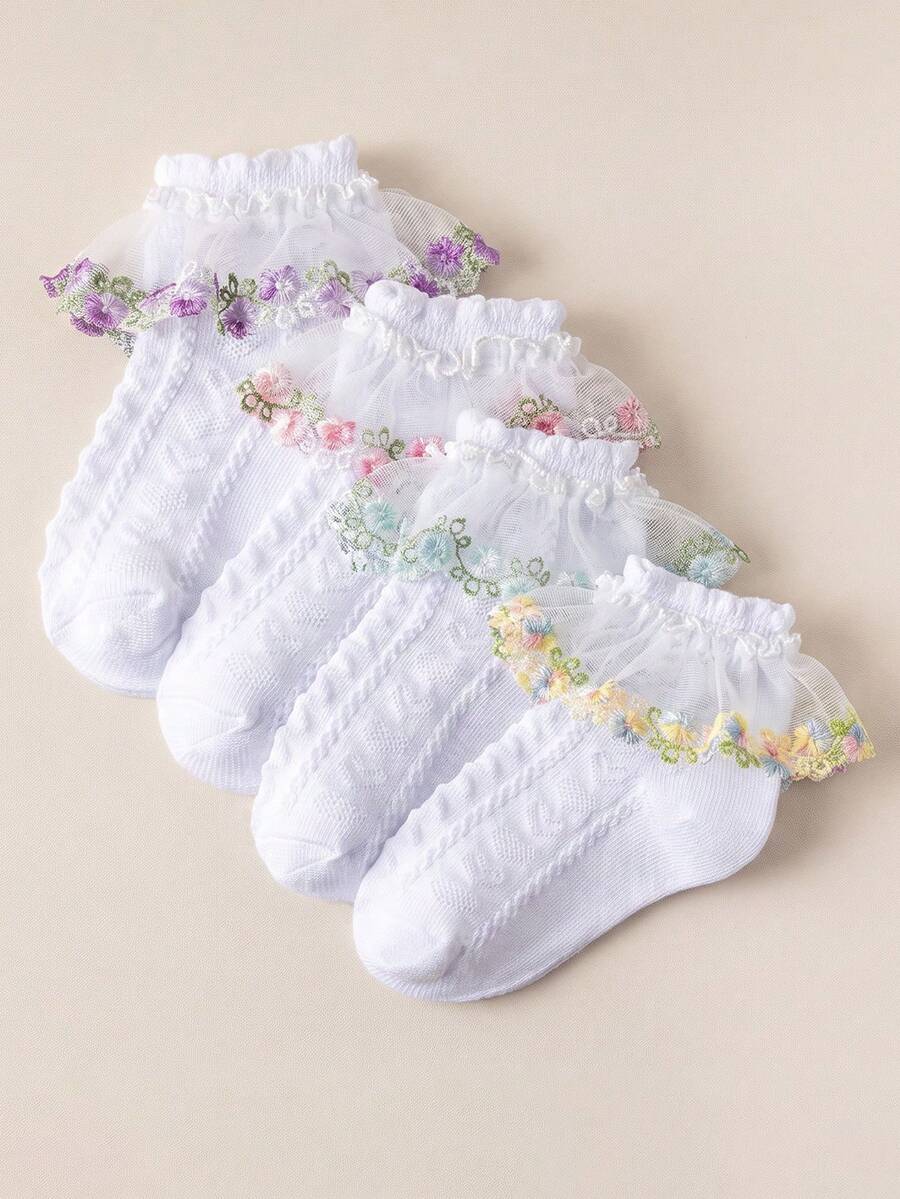 4 Pairs Girls Baby Spring/Summer White Ruffle Trim Pleated Socks With Hollow Heart Pattern, Lace Pink Embroidered Floral Multi-Trim Mesh Breathable Fashion Princess Socks, Dance Socks, Suitable For Home Daily Wear/Travel/Back To School (Fits 0-12 Years) - Multicolor - View 1