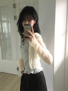 Korean Solid Color Textured 3D Pleated Bubble Lace Sun Protection Short Cardigan Top - Apricot - View 1
