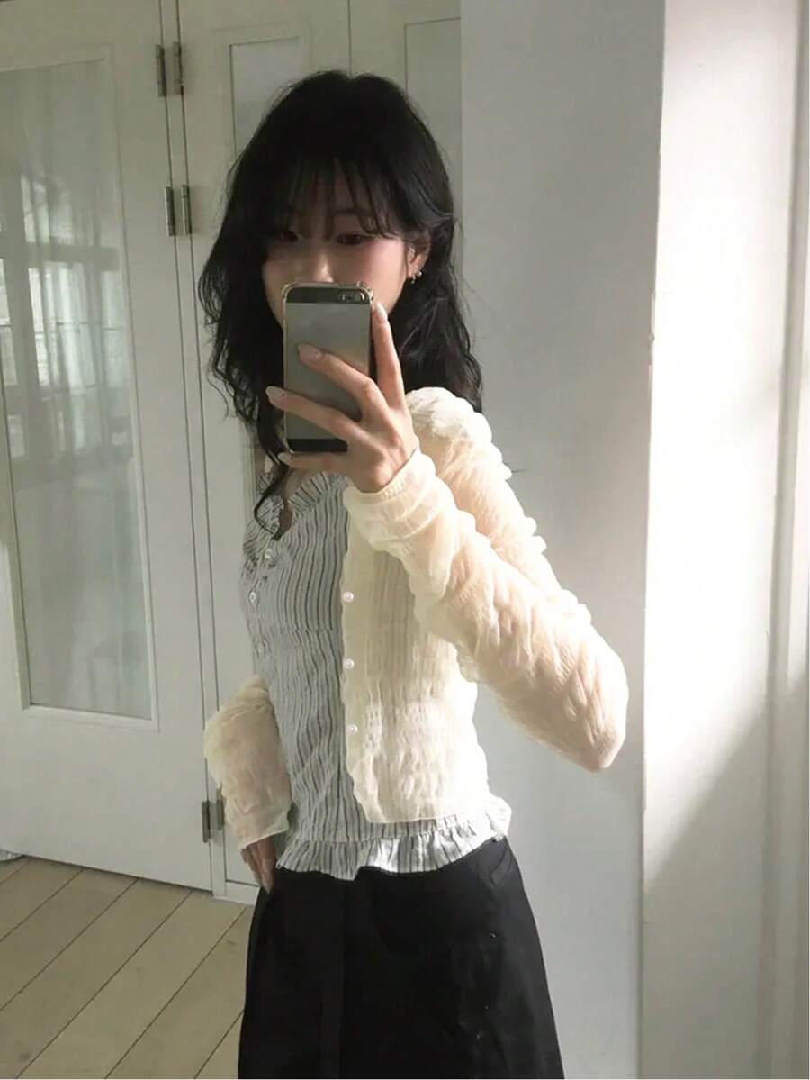 Korean Solid Color Textured 3D Pleated Bubble Lace Sun Protection Short Cardigan Top - Apricot - View 1
