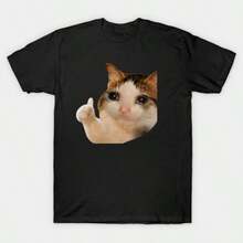 1 Pcs Vintage Y2K Casual 100% Cotton Graphic T-Shirt Funny Sad Thumbs Up Cat Viral Meme Print Streetwear Summer  For Cat Lover Mens Clothing - 黑色8 - 查看 1