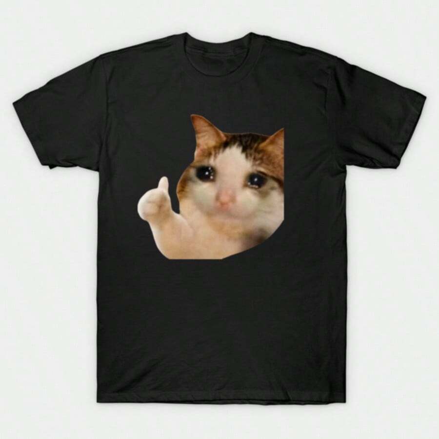 1 Pcs Vintage Y2K Casual 100% Cotton Graphic T-Shirt Funny Sad Thumbs Up Cat Viral Meme Print Streetwear Summer For Cat Lover Mens Clothing - 黑色8 - 查看 1