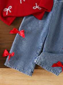 Baby Girl Fashion Shirt Collar Flutter Sleeve Bow Embroidery 2 In 1 Top And 3D Bow Faux Pocket Fashion Denim Pants - Red - View 5