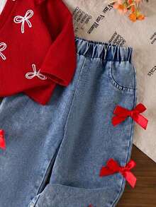 Baby Girl Fashion Shirt Collar Flutter Sleeve Bow Embroidery 2 In 1 Top And 3D Bow Faux Pocket Fashion Denim Pants - Red - View 4