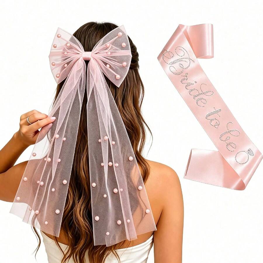 Bachelorette Party Bride-To-Be Set, Embroidered Pink Pearl Veil With Rhinestone Champagne Pink Bride Sash Kit - Multicolor - View 1