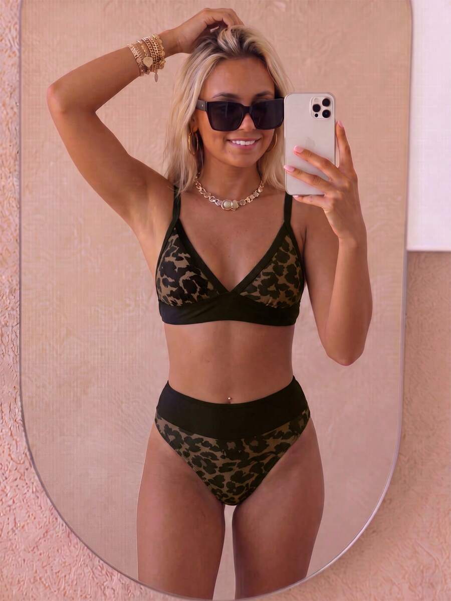 Conjunto de 2 piezas de bikini halter triangular con estampado de leopardo sexy para mujer estilo europeo y americano, para vacaciones, playa y verano - Multicolor - Ver 1