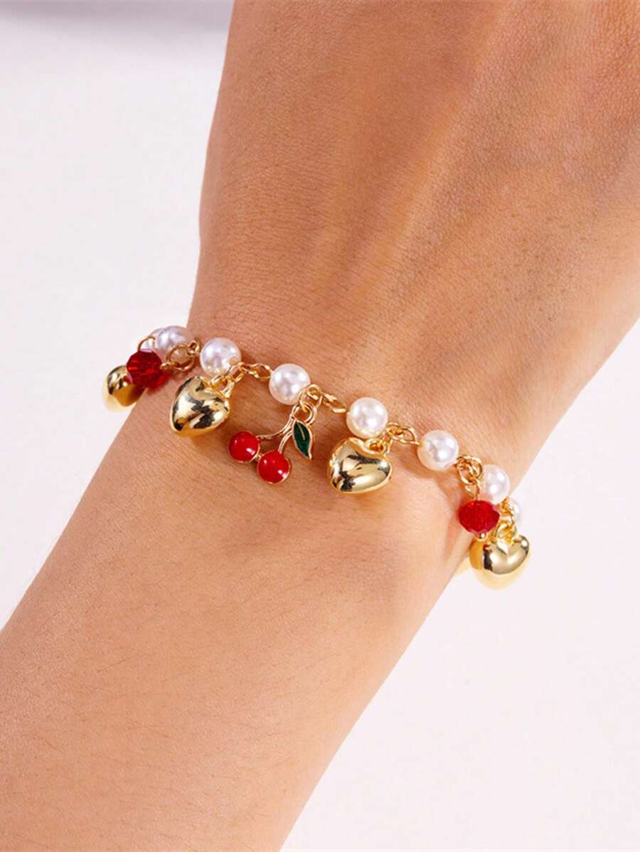 1pc Cute Cherry Bracelet, Elegant Faux Pearl Hand Accessory, Sweet Versatile Jewelry - Gold - View 1