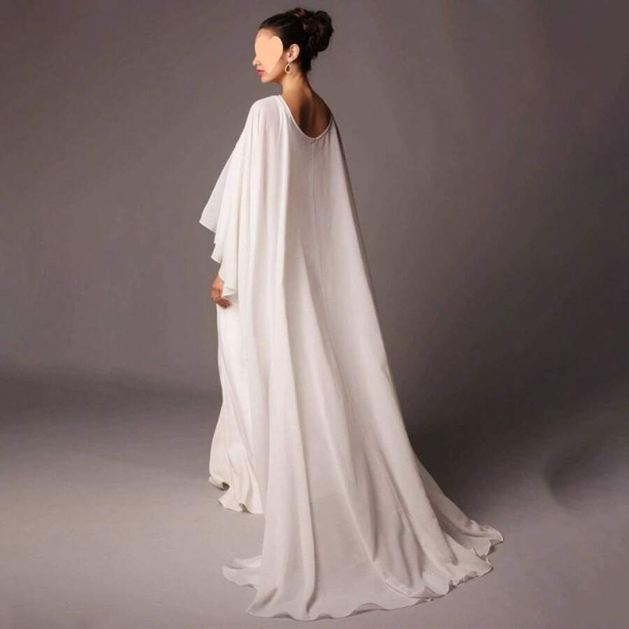 New Solid Color Chiffon Flowy Long Cape Shawl For Bride Bridesmaid Dress Cover Up - Beige - View 1