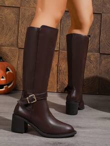 WTKMRSSTEP Women's Autumn/Winter Retro Metal Buckle Knight Tall Boots, Chunky Heel, Side Zipper, Daily Commute High Boots - Coffee Brown - View 5