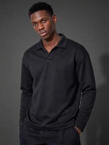 Camvyn Men's Casual Versatile Loose Drop Shoulder Crew Neck Sweatshirt, Autumn/Winter - Black - View 2