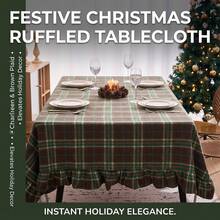 1pc Brown Green Beige Classic Scottish Plaid Tablecloth, Natural Vintage Style Fabric, Rectangular With Ruffle Edge And Pleated Detail, Decorative And Functional For Home Long Table, Suitable For Christmas, Family Dinner, Party And Winter Holiday Home Decor - Dark Green - View 3