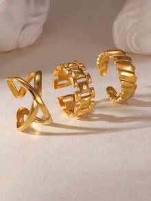 3pcs Stainless Steel 18K Gold Plated Fashion Vintage Geometric Ring Adjustable Ring Personalized Minimalist Versatile - Golden - View 4