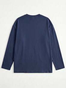 SU ER 1pc Men's Autumn Casual Daily Letter Print Long Sleeve T-Shirt | Fashionable & | Show Your Style - Navy Blue - View 4