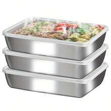 3pcs/Set Large Stainless Steel Square Food Storage Containers With Transparent Lids - Leak-Proof, Stackable - Perfect For Camping, Outdoor Adventures And Home Use - Ideal For Storing Meat, Fruit - View 4