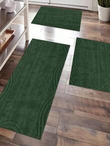 Solid Dark Olive Green Embedded Light Green Curve Texture Minimal Forest Kitchen Rug 3 Piece Set, Full Deep Olive Solid Tone Surface, Subtle Layered Light Green Curved Arc Lines Distributed Around Four Sides, Dense Wear-Resistant Printing - Multicolor - View 3