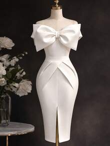 Fashion Plus Size Women's White Fitted Mid-Length Dress, Off-Shoulder Large Bow Front Slit, Elegant Wedding Guest Party Evening Summer Dress - White - View 8