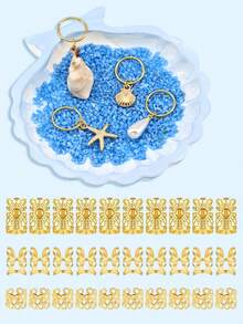 66pcs Ocean Style Hair Rings, Includes Gold Starfish, Seashell, Shell And White Pearl, Various Shapes Summer Adjustable Hair Bands, Suitable For Braids And Twisted Hair - Gold - View 4
