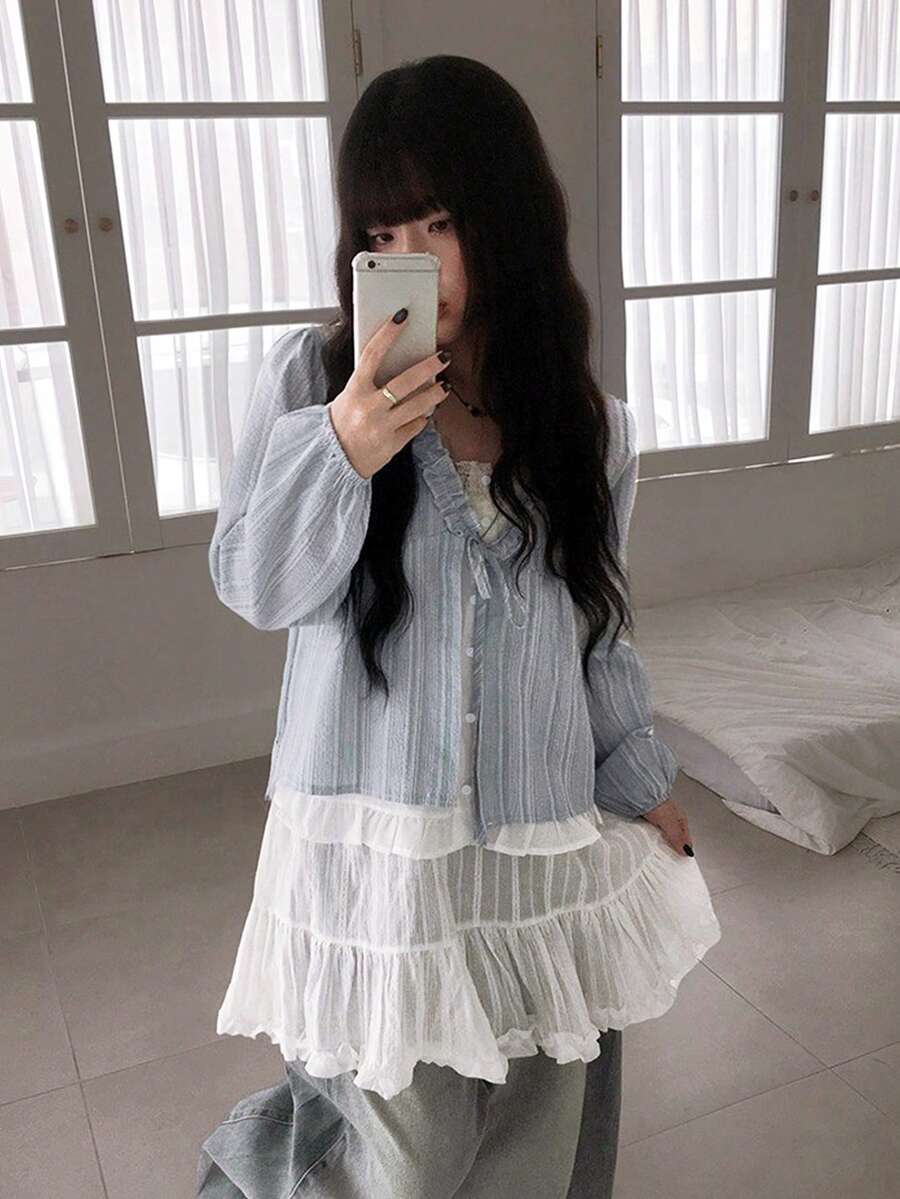 Korean Style Sweet Youthful Ruffle Petal Sleeve 2 In 1 Striped Loose Long Sleeve Blouse - Blue - View 1