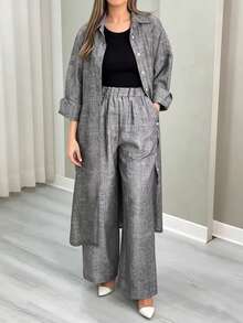 Women's Spring/Autumn Fashion Casual Lapel Long Sleeve Solid Color Top And Solid Color Pants Minimalist Daily 2-Piece Set - Grey - View 5
