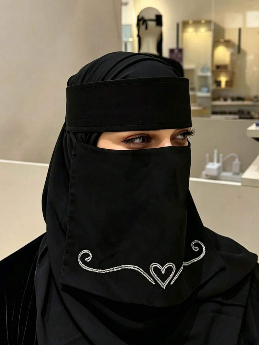1PC Women's Lace Heart & Gold Splatter Pattern Solid Color Niqab, Lightweight Breathable Tie-Up Mask, Simple Fashion Versatile Face Mask