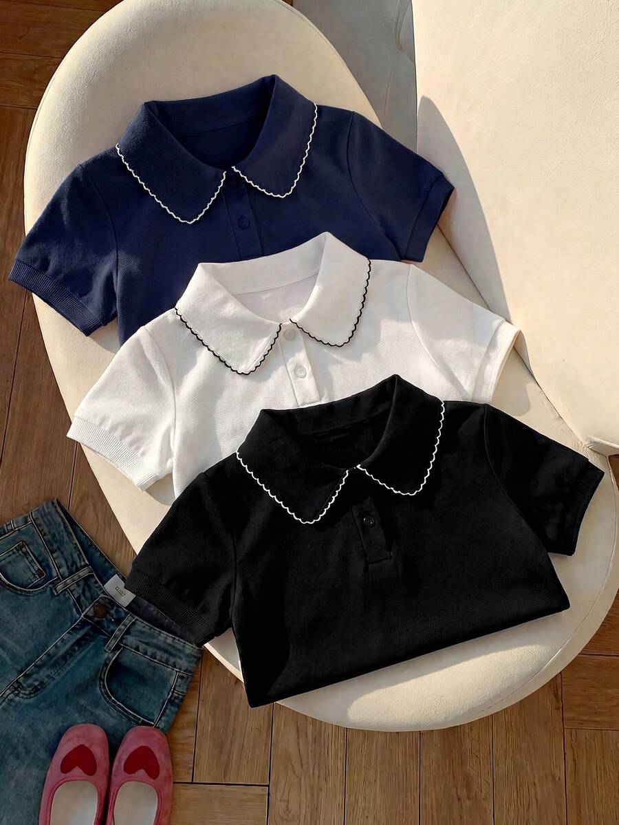 3件組女童幼兒夏季短袖 Polo 衫,荷葉領上衣,活力學院風 - 黑色 - 查看 1