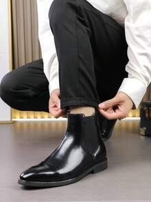 Men's Chelsea Boots High-Top British Style Black Pointed Toe Leather Shoes Boots Mid-Calf Ankle Boots - Black - View 10