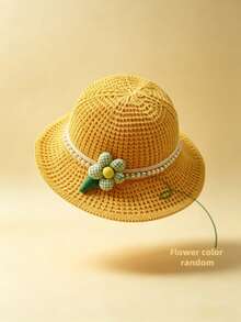Customizable Embroidered Name Knitted Sun Hat, Cute 3D Flower & Pearl Decor Wide Brim Bucket Hat, Hollow Out Breathable Summer Outdoor Straw Hat, Personalized Text Sun Protection Bucket Hat For Girls, Suitable For Daily Commute/Outdoor Activities, Outings And Holiday Events, Gift For Her - Multicolor - View 4