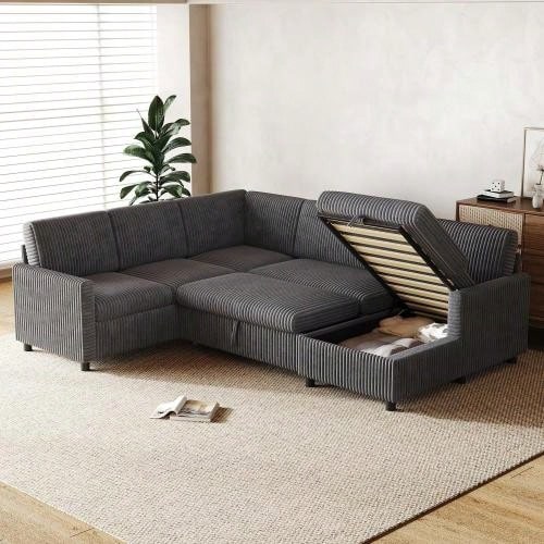 Modern U-Shaped Corner Sofa Bed With Sleeping Function, Pull-Out Sofa Bed, Coarse Corduroy Fabric - 灰色的 - 查看 1