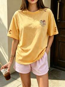 Women's Summer/Autumn Pure Cotton Distressed Washed T-Shirt, Floral Print, Casual Loose Fit - Golden - View 6