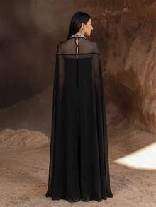YISIKADO Elegant Chiffon 2 Pieces Set Arabic Robe With Pearl And Rhinestone Embellished High Collar Cape Sleeves, Formal Evening Gown Black Fall - Black - View 2