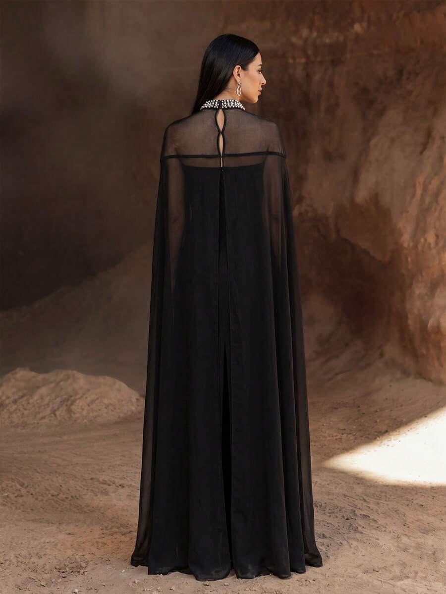 YISIKADO Elegant Chiffon 2 Pieces Set Arabic Robe With Pearl And Rhinestone Embellished High Collar Cape Sleeves, Formal Evening Gown Black Fall