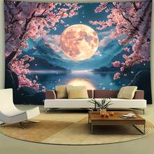[2D Flat Print] 1pc Oversized Beautiful Sakura Moon Background Wall Tapestry, Large Size Decorative Hanging Cloth, Holiday Gift, Party Decoration, Home Decor, Living Room & Dorm Use - Multicolor - View 5