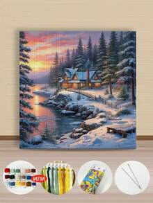 11/14CT Printed Cross Stitch Kit. Rustic Cabin & Natural Landscape Series. Relaxing DIY For Adult Beginners. Includes Fabric, Needles, Threads & Chart. Frameless. Handmade Wall Art Decor Gift. 40x40cm/15.7x15.7in. - Scenery - View 7