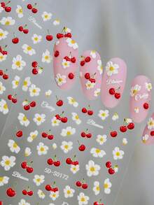 5D Embossed Elegant Cherry Fruit & Daisy Nail Stickers Cute White Flowers Nail Decals Self-Adhesive Nail Decor For Summer DIY Manicure Wedding Season Bridal Salon Nail Art Supplies - Multicolor - View 6