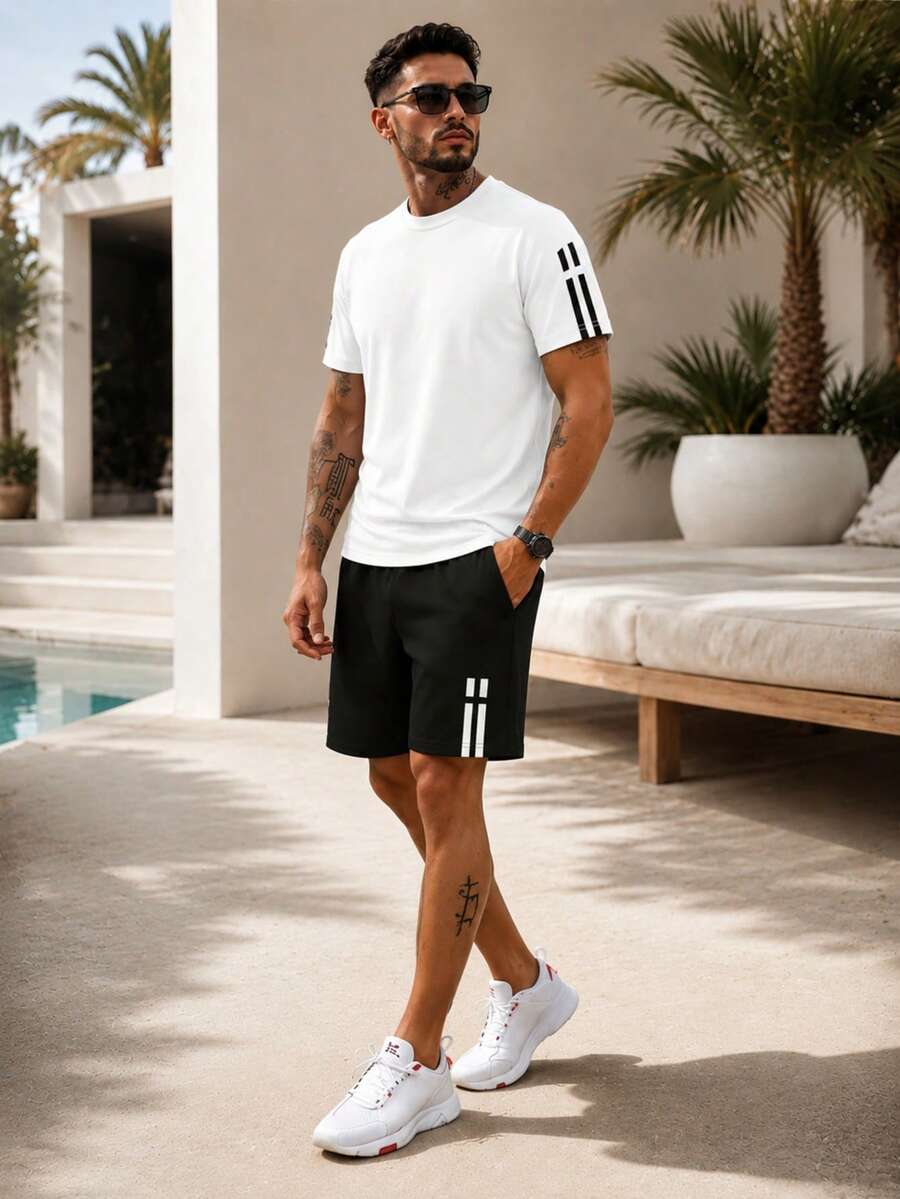 2pcs/Set Men's Unique Striped Print Summer Outfit, Including Round Neck Short Sleeve T-Shirt And Sports Shorts With Pockets And Drawstring
