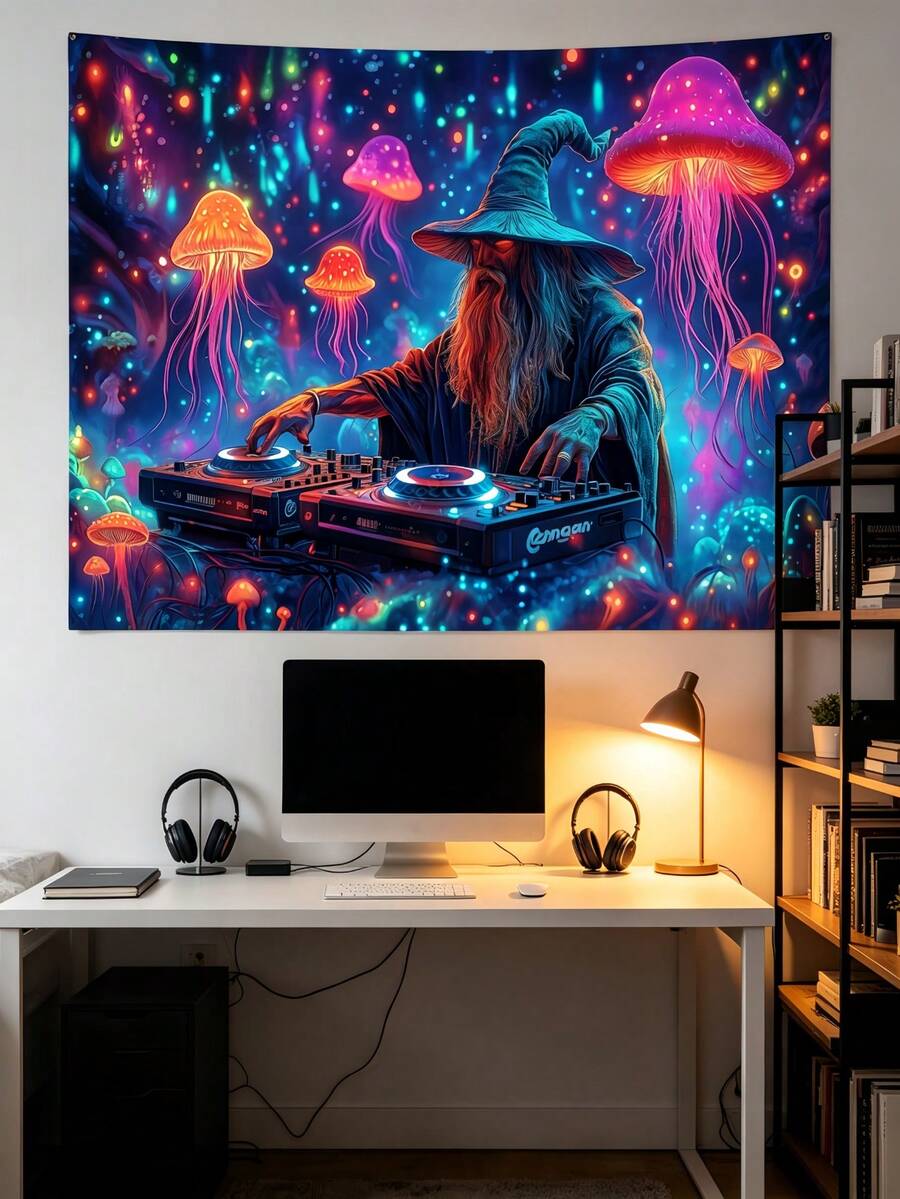 1pc Fantasy Wizard DJ UV Reactive Tapestry Neon Mushroom Forest Glow Soundwave Wall Art Vibrant Bohemian Decor Bedroom Studio Rave Music Lover Immersive Light Magic Butterfly Wall Decor, Angel Tapestry, Map Wall Hanging, - 1PC - 查看 1